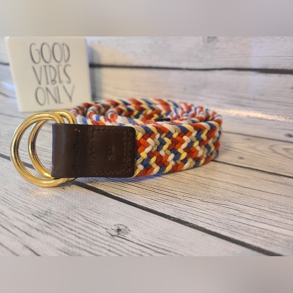 Vintage 1990s Rainbow Woven Belt / 30" Max / Eddie Bauer Leather and Brass Woven - Picture 3 of 4